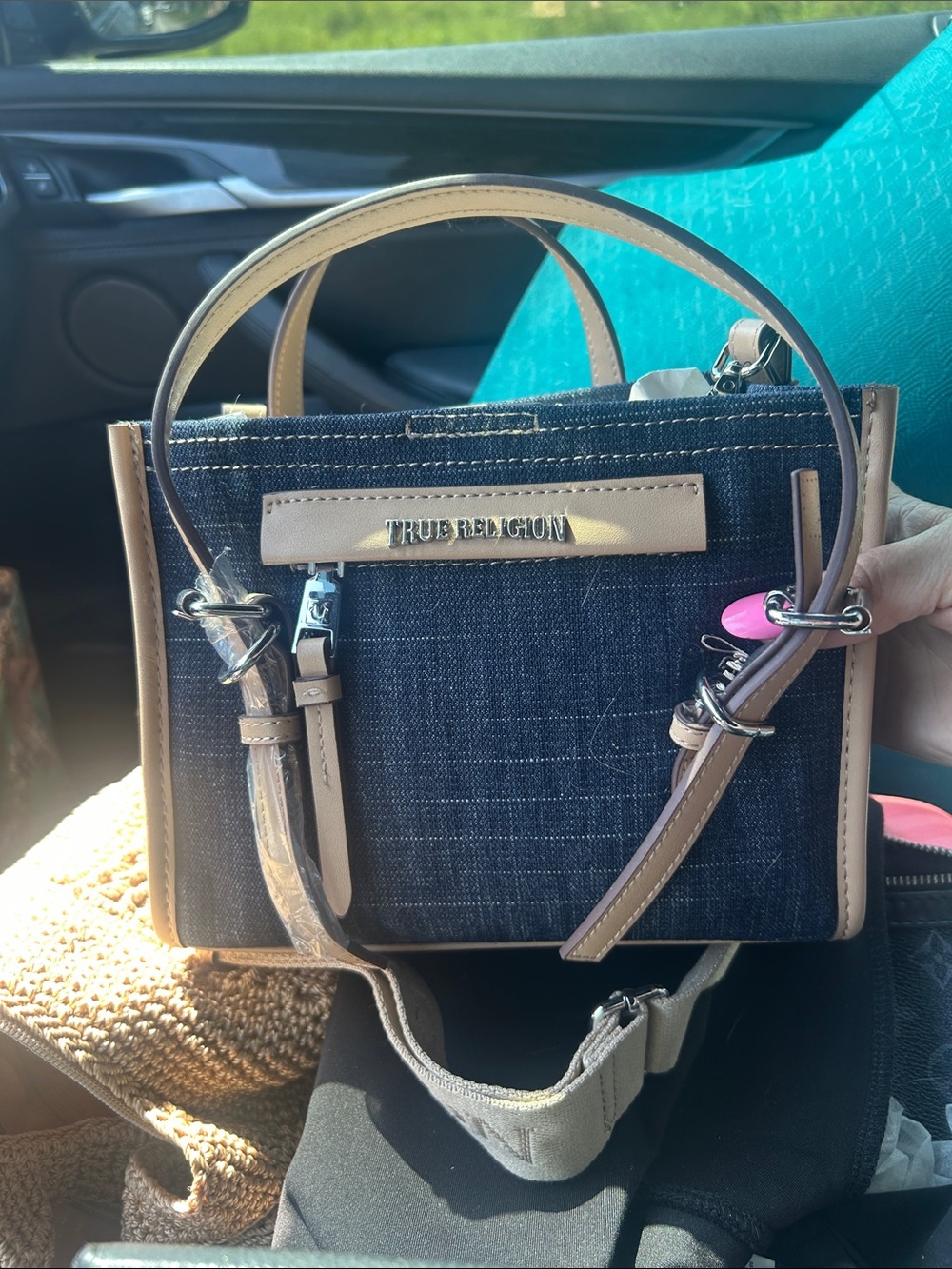 True Religion Denim Satchel in Dark Blue with Tan Trim